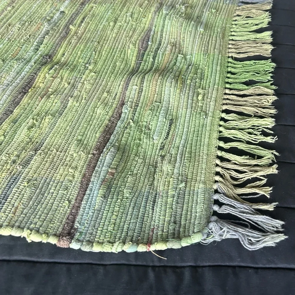 Handwoven Chindi Rag Rug with 3” Fringe Washable Rustic Boho Jute Trim #1015252